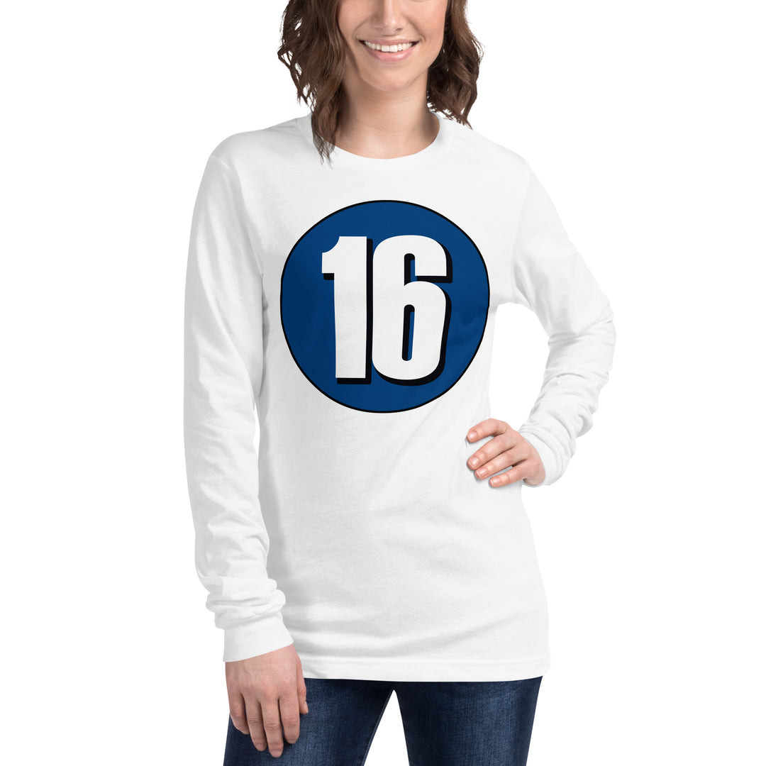 Unisex Long Sleeve Tee: White on Navy Blue 16