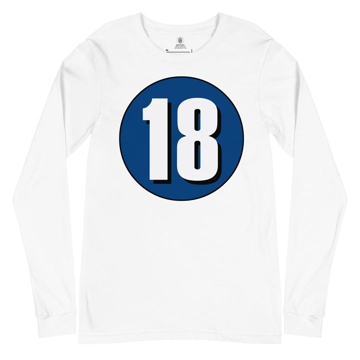 Unisex Long Sleeve Tee: White on Navy Blue 18