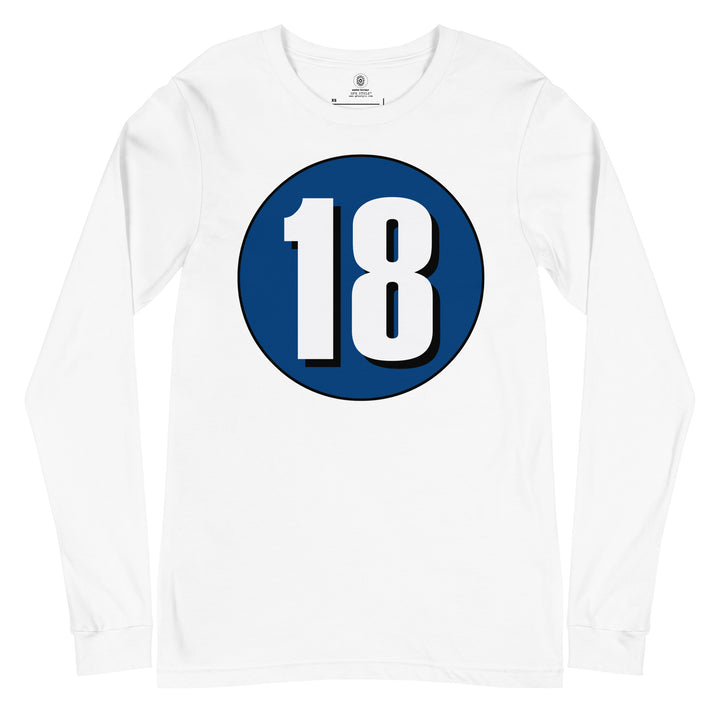 Unisex Long Sleeve Tee: White on Navy Blue 18