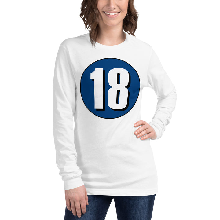 Unisex Long Sleeve Tee: White on Navy Blue 18