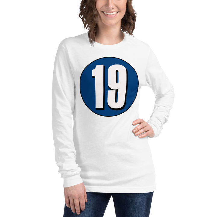 Unisex Long Sleeve Tee: White on Navy Blue 19