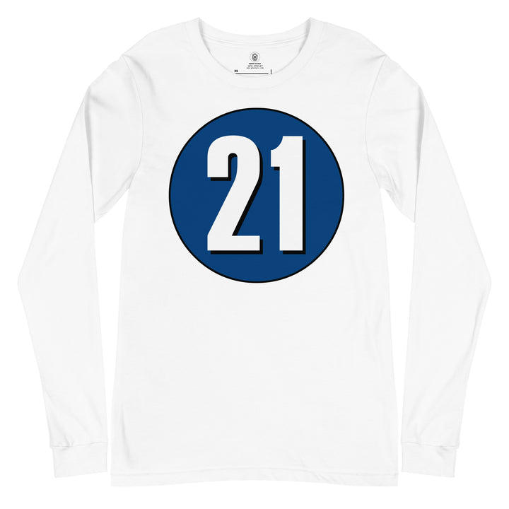 Unisex Long Sleeve Tee: White on Navy Blue 21