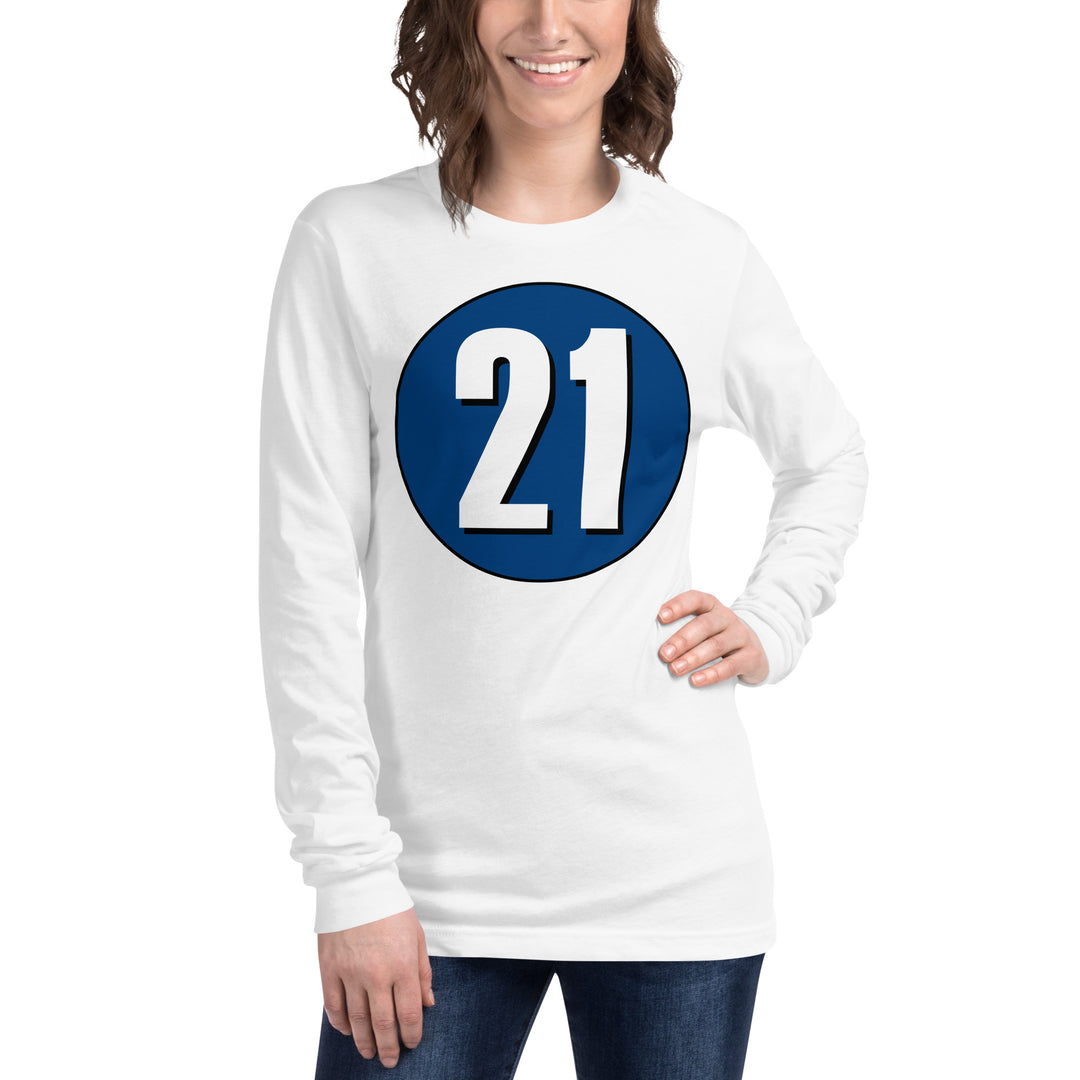 Unisex Long Sleeve Tee: White on Navy Blue 21