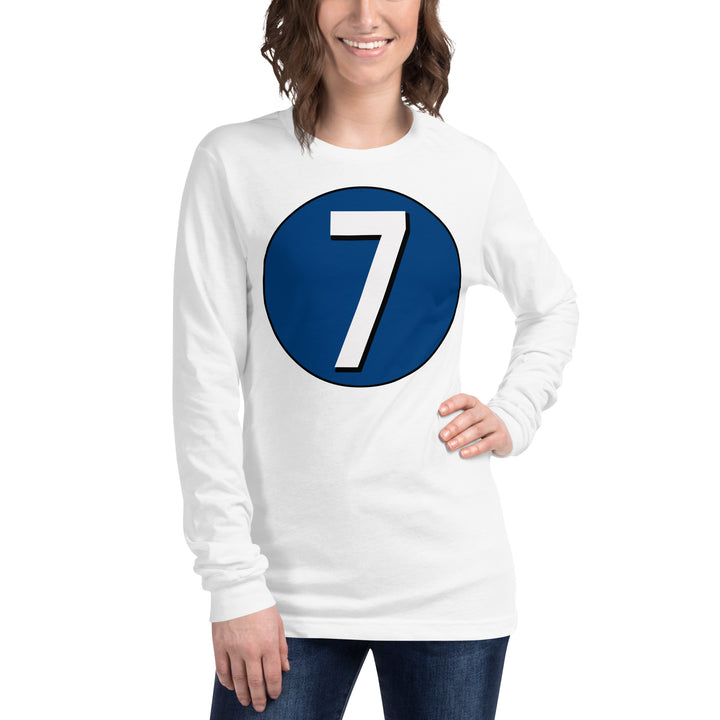 Unisex Long Sleeve Tee: White on Navy Blue 7