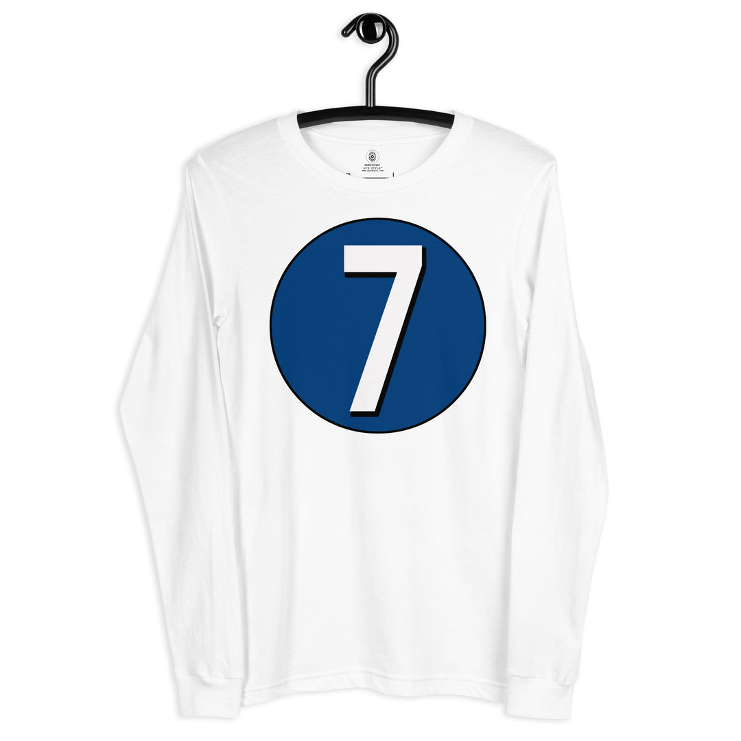 Unisex Long Sleeve Tee: White on Navy Blue 7