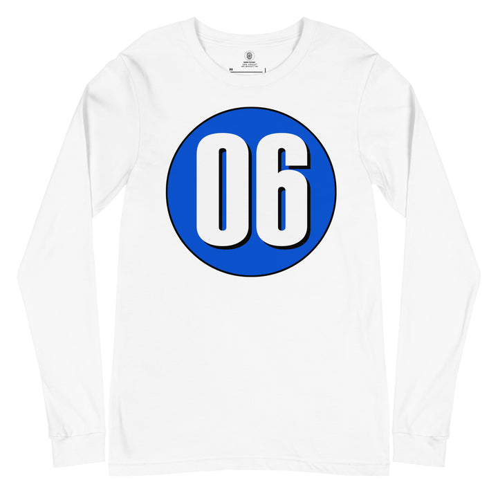 Unisex Long Sleeve Tee: White on Periwinkle 06