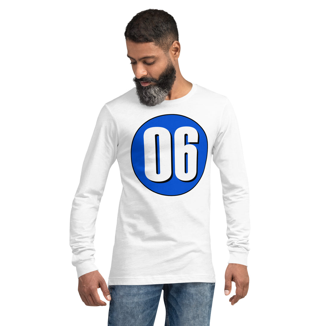 Unisex Long Sleeve Tee: White on Periwinkle 06