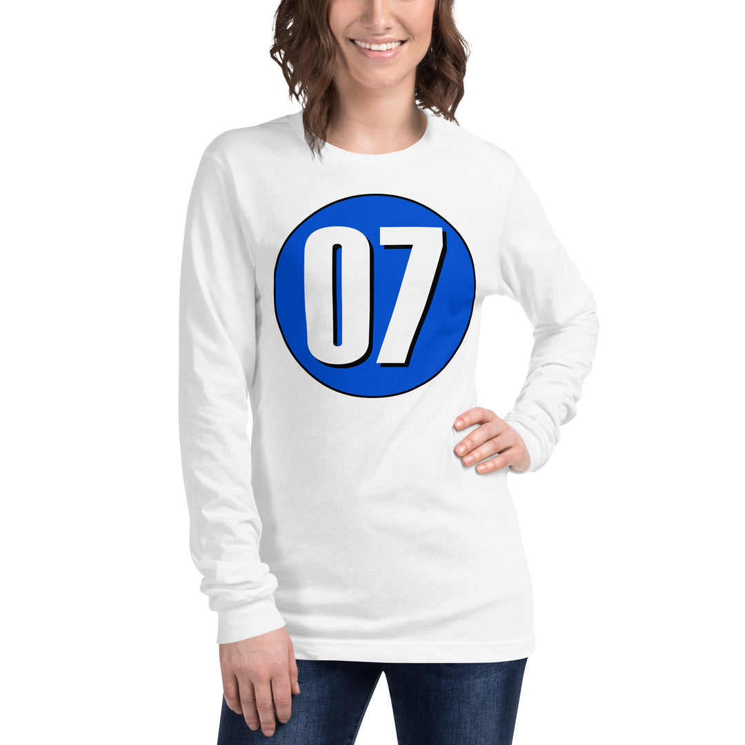 Unisex Long Sleeve Tee: White on Periwinkle 07