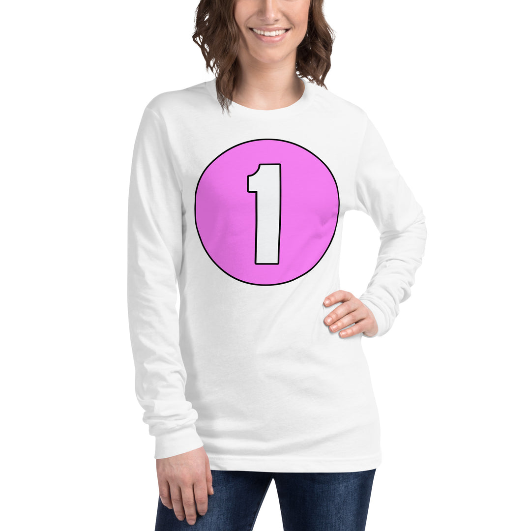 Unisex Long Sleeve Tee: White on Pink 1