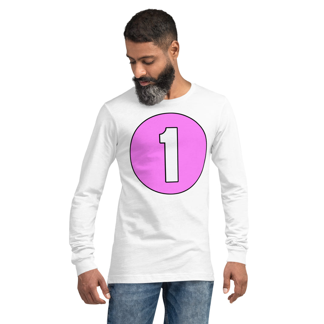 Unisex Long Sleeve Tee: White on Pink 1