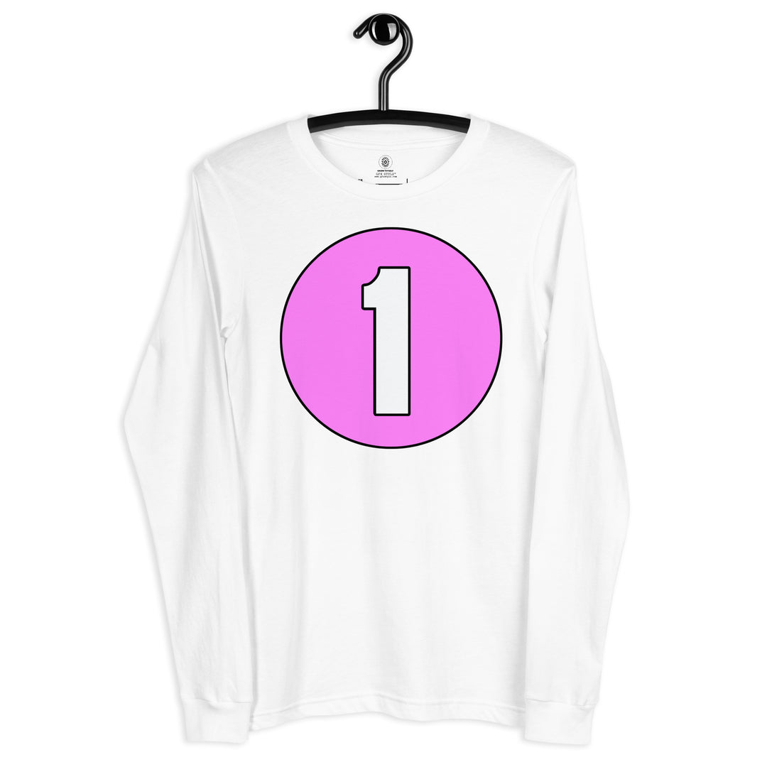 Unisex Long Sleeve Tee: White on Pink 1