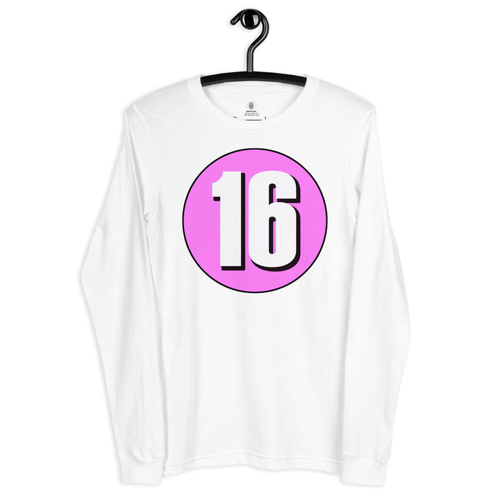 Unisex Long Sleeve Tee: White on Pink 16