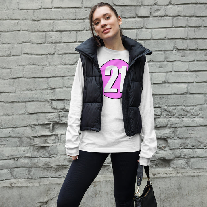 Unisex Long Sleeve Tee: White on Pink 21