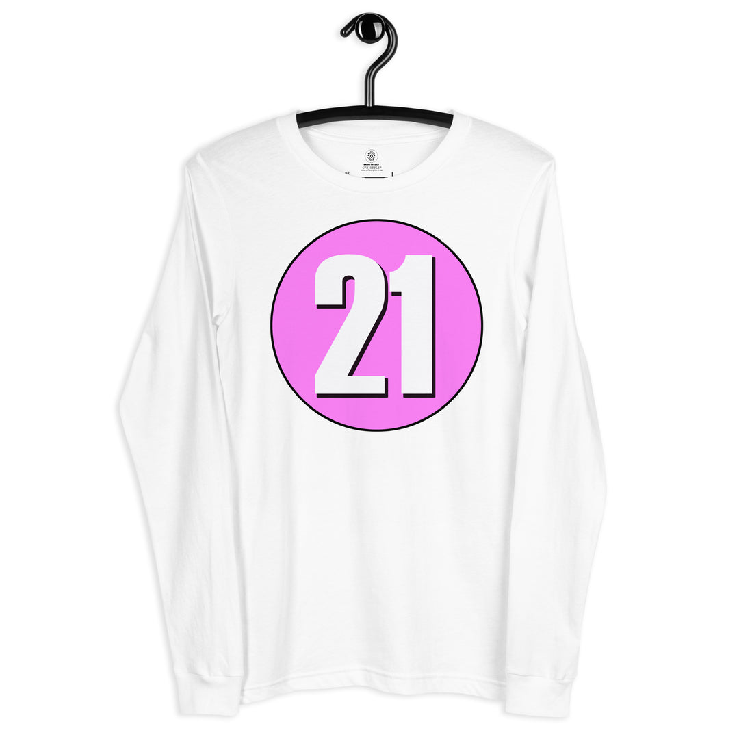 Unisex Long Sleeve Tee: White on Pink 21