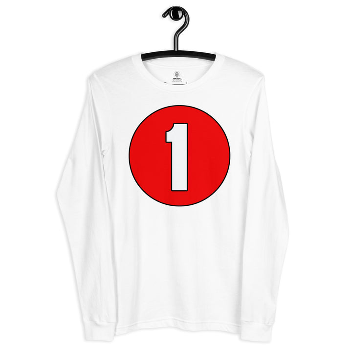 Unisex Long Sleeve Tee: White on Red 1