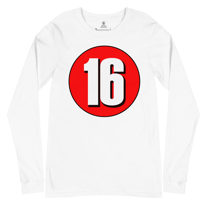 Unisex Long Sleeve Tee: White on Red 16