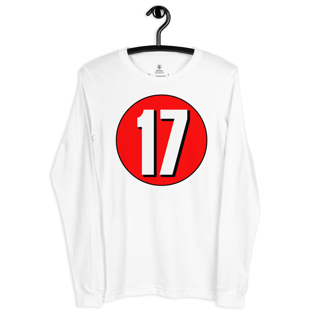 Unisex Long Sleeve Tee: White on Red 17