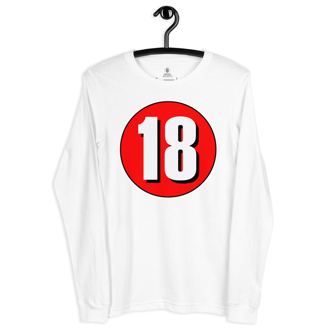 Unisex Long Sleeve Tee: White on Red 18