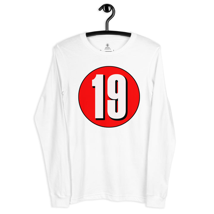 Unisex Long Sleeve Tee: White on Red 19