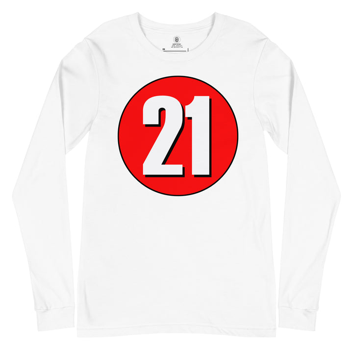 Unisex Long Sleeve Tee: White on Red 21