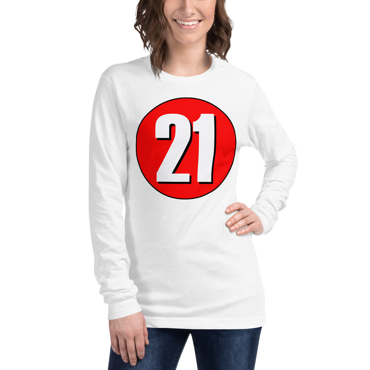 Unisex Long Sleeve Tee: White on Red 21