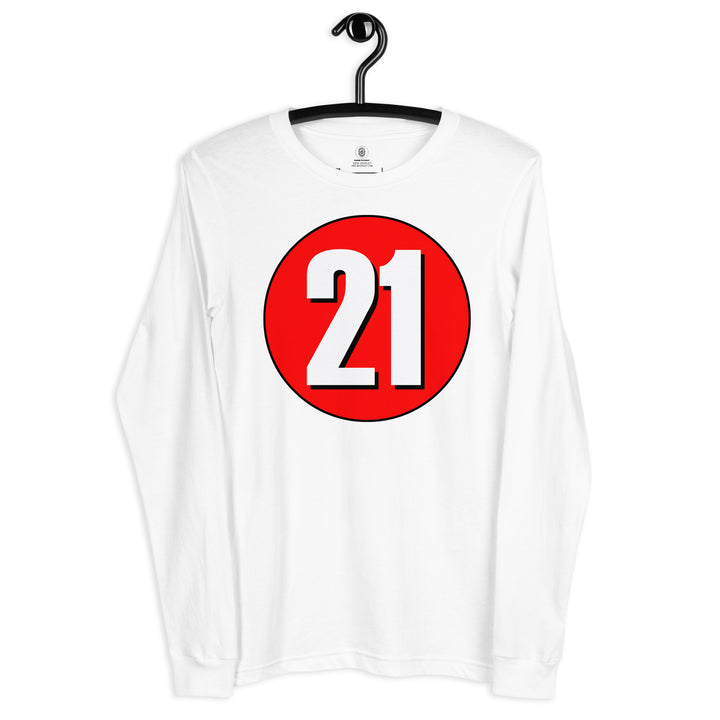 Unisex Long Sleeve Tee: White on Red 21