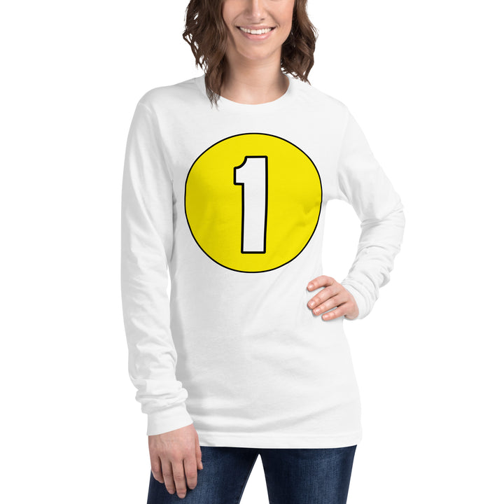 Unisex Long Sleeve Tee: White on Yellow 1