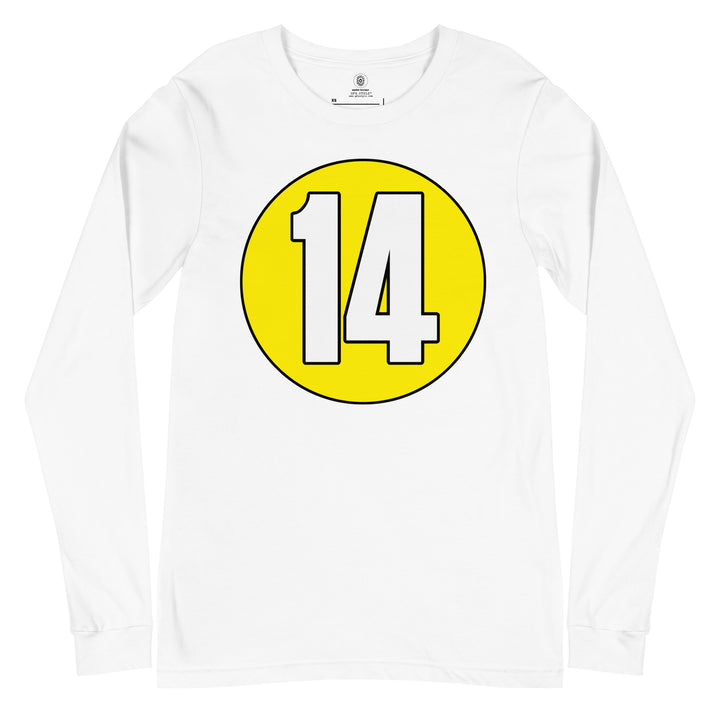 Unisex Long Sleeve Tee: White on Yellow 14