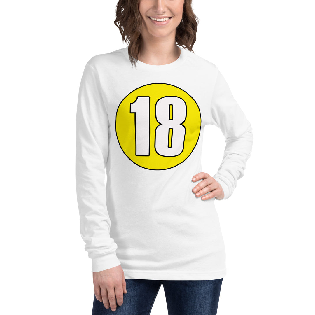 Unisex Long Sleeve Tee: White on Yellow 18