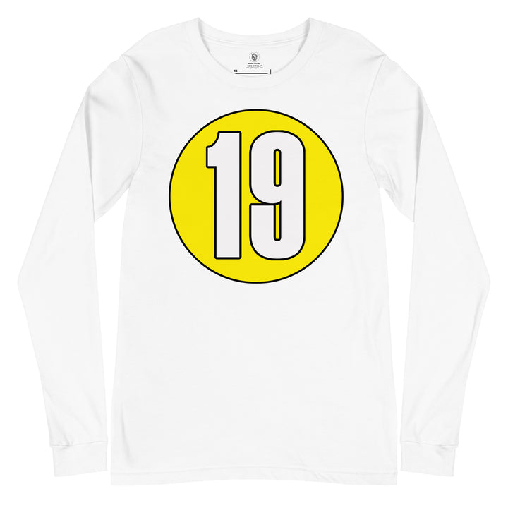 Unisex Long Sleeve Tee: White on Yellow 19