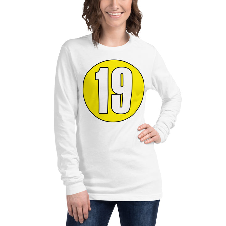 Unisex Long Sleeve Tee: White on Yellow 19