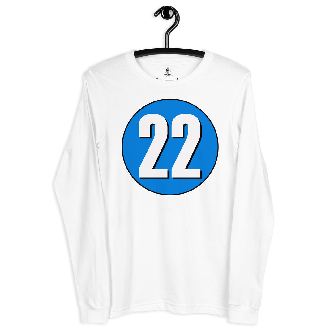 Unisex Long Sleeve Tee: White on Blue 22