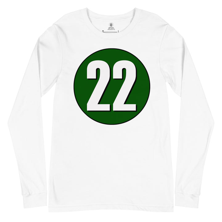 Unisex Long Sleeve Tee: White on Hunter Green 22