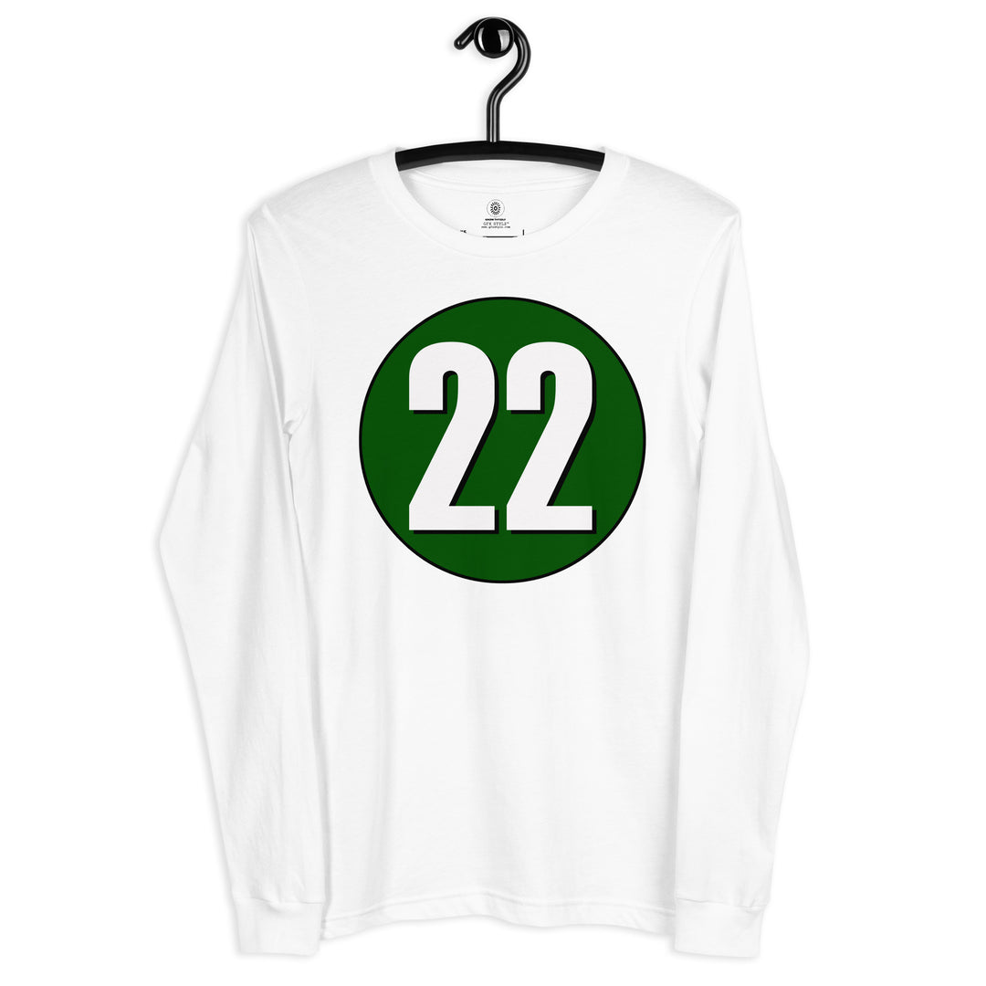 Unisex Long Sleeve Tee: White on Hunter Green 22