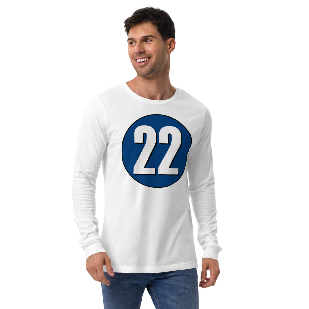 Unisex Long Sleeve Tee: White on Navy Blue 22