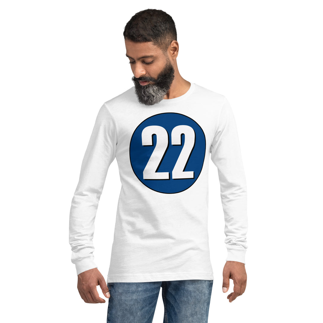 Unisex Long Sleeve Tee: White on Navy Blue 22