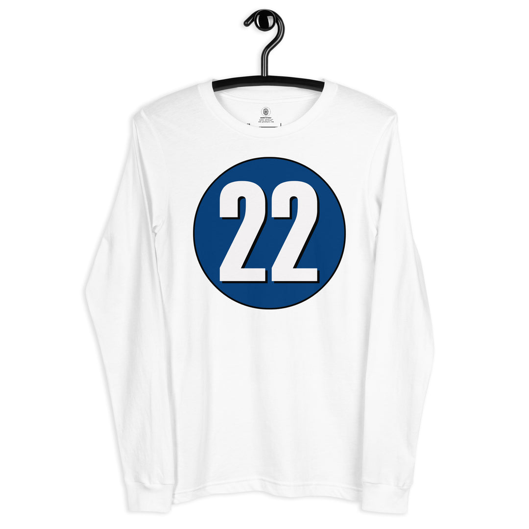 Unisex Long Sleeve Tee: White on Navy Blue 22