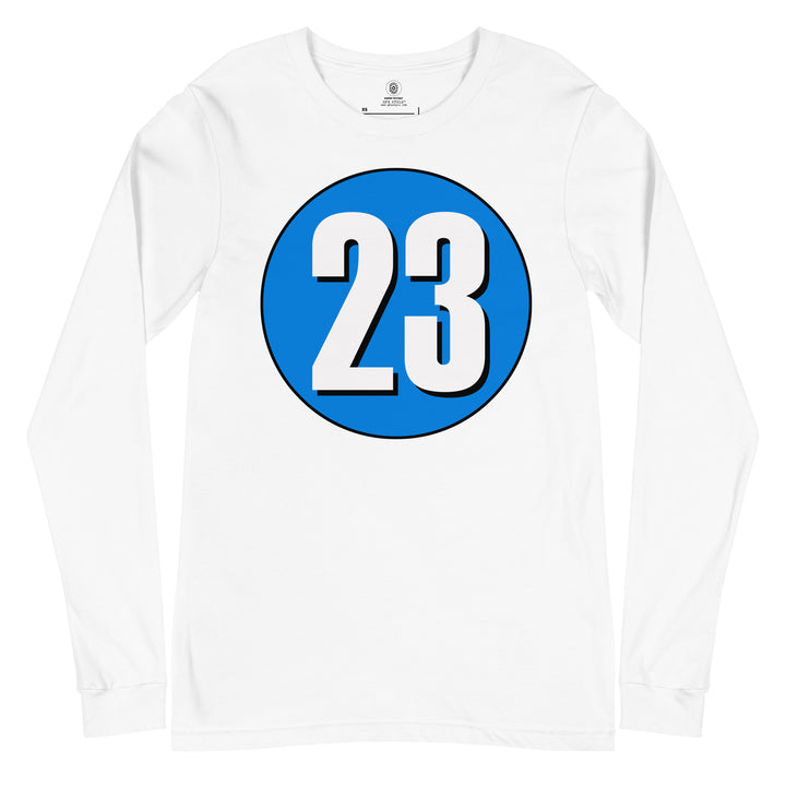 Unisex Long Sleeve Tee: White on Blue 23