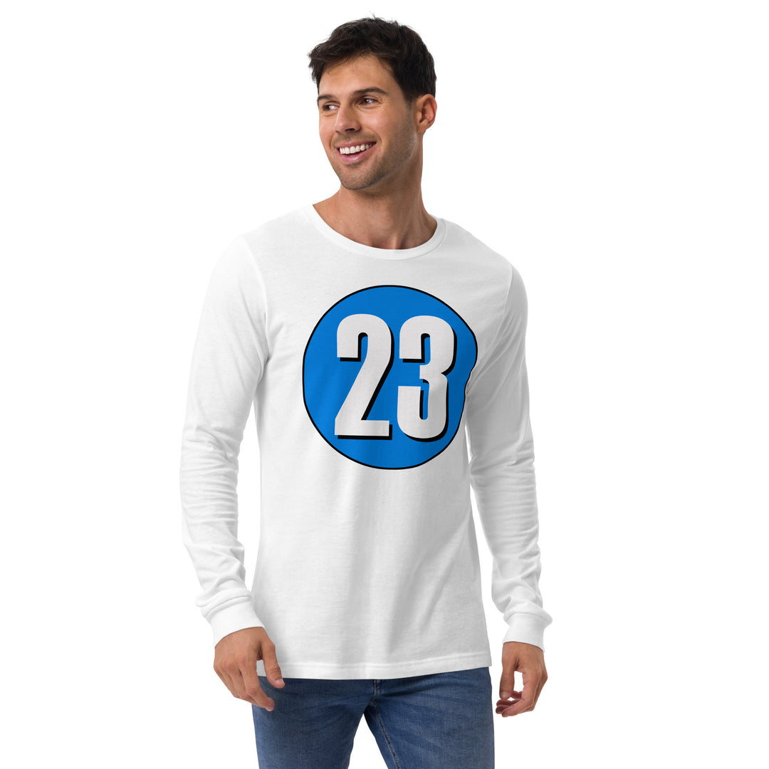 Unisex Long Sleeve Tee: White on Blue 23