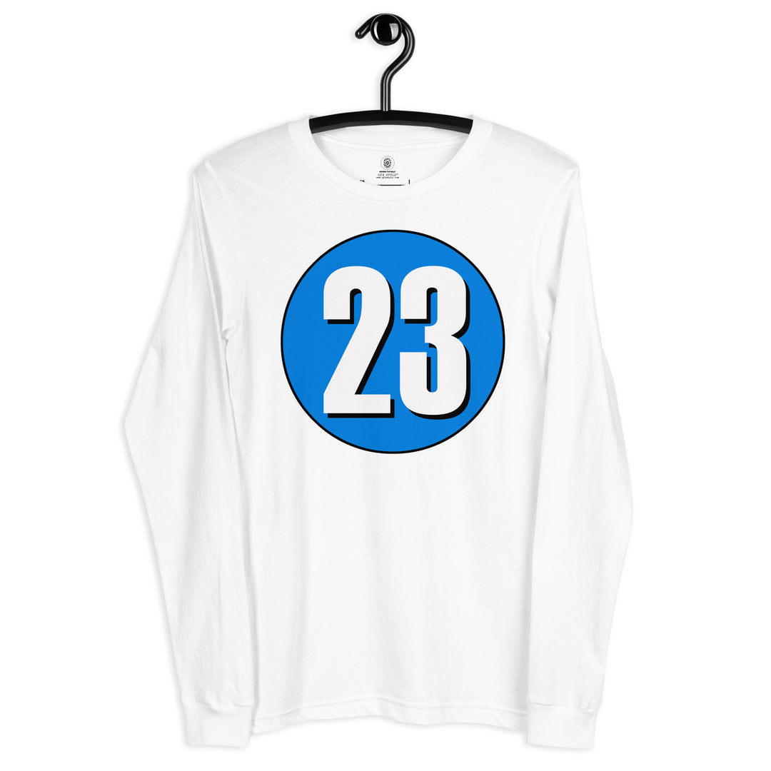 Unisex Long Sleeve Tee: White on Blue 23