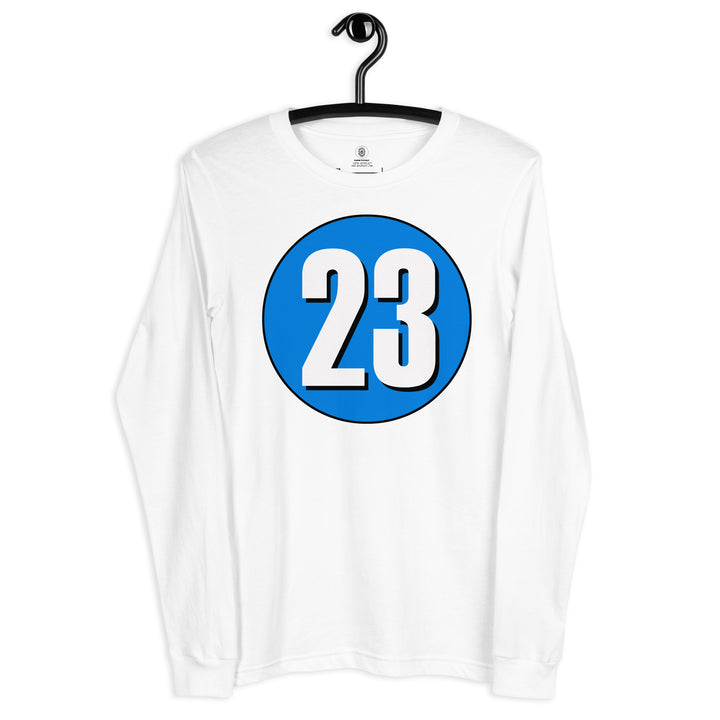 Unisex Long Sleeve Tee: White on Blue 23