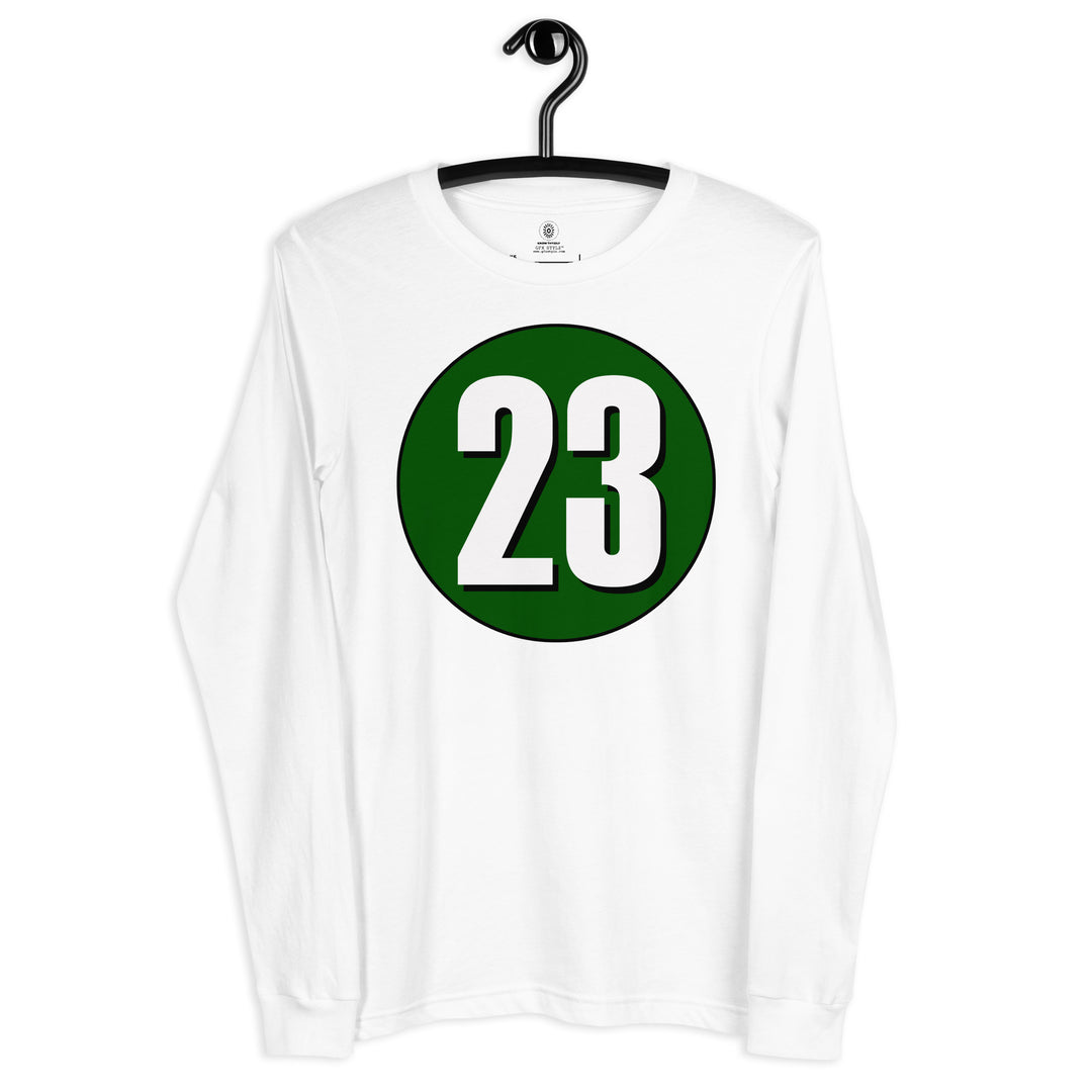 Unisex Long Sleeve Tee: White on Hunter Green 23