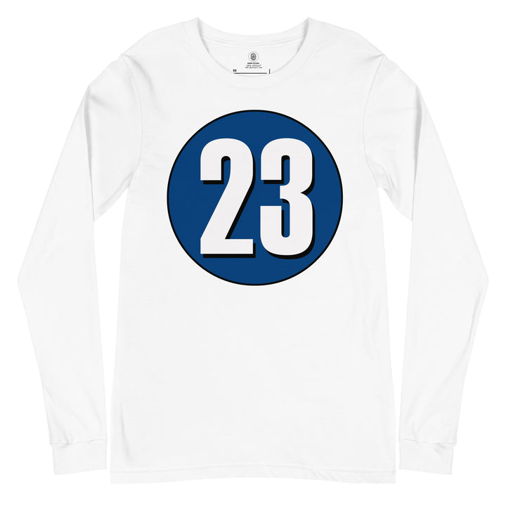 Unisex Long Sleeve Tee: White on Navy Blue 23