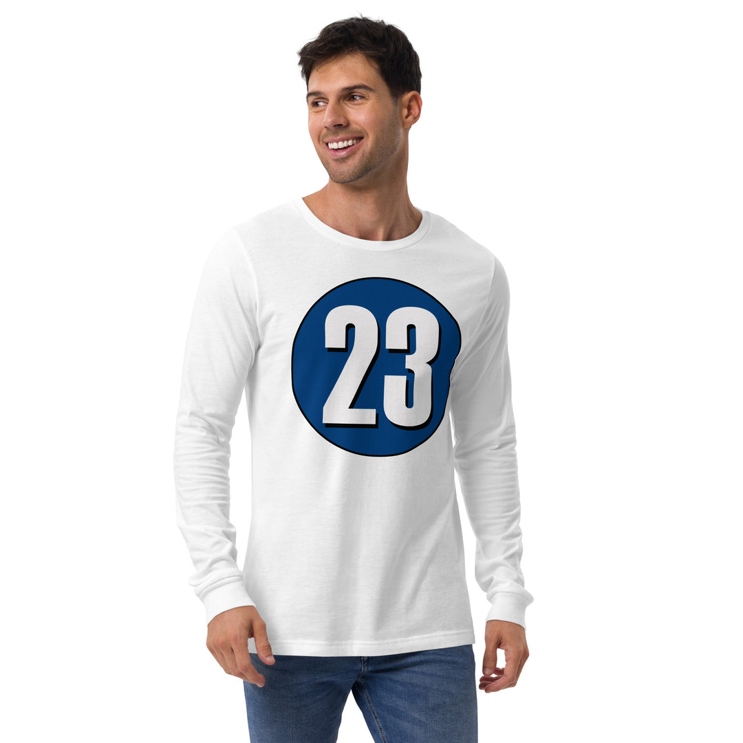 Unisex Long Sleeve Tee: White on Navy Blue 23