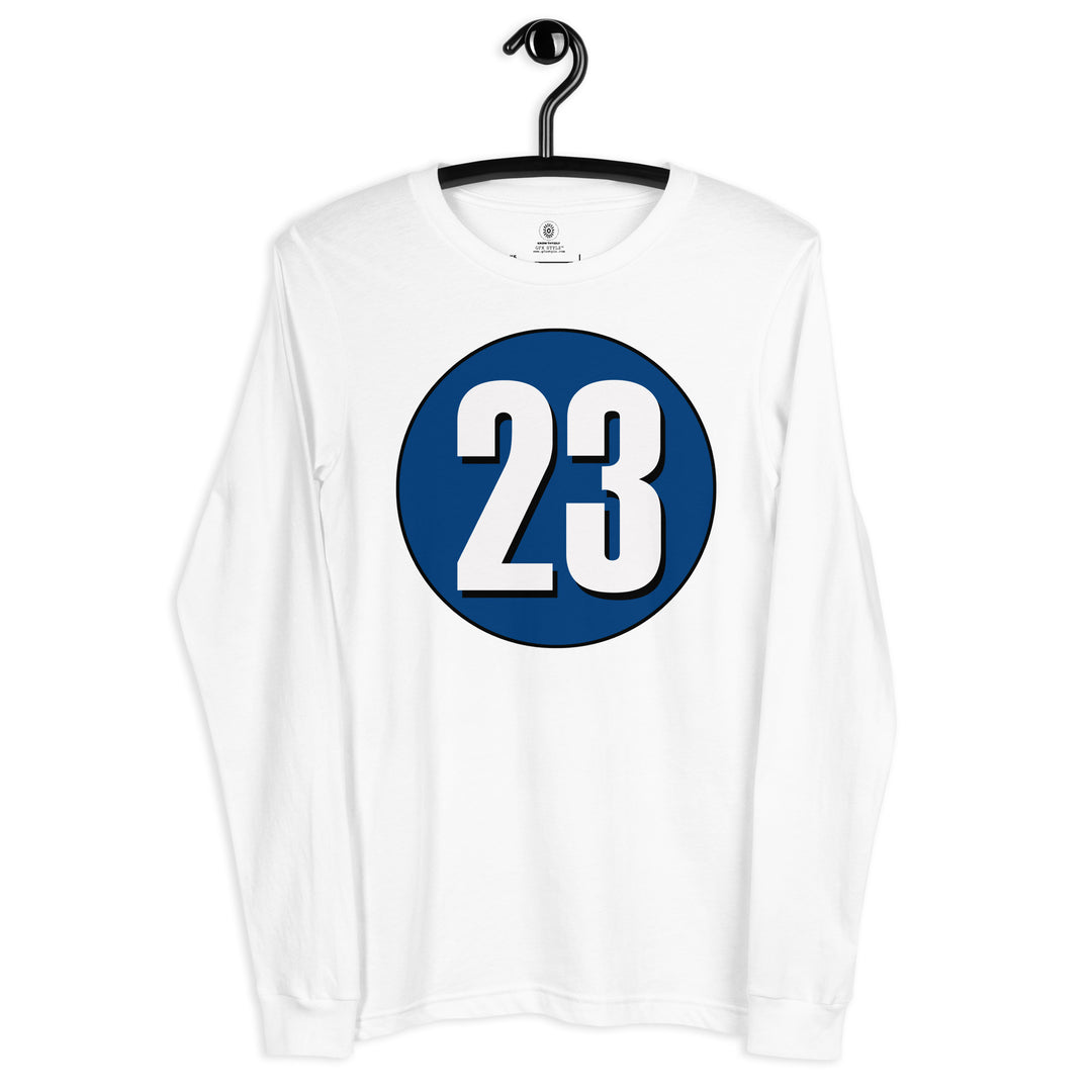 Unisex Long Sleeve Tee: White on Navy Blue 23