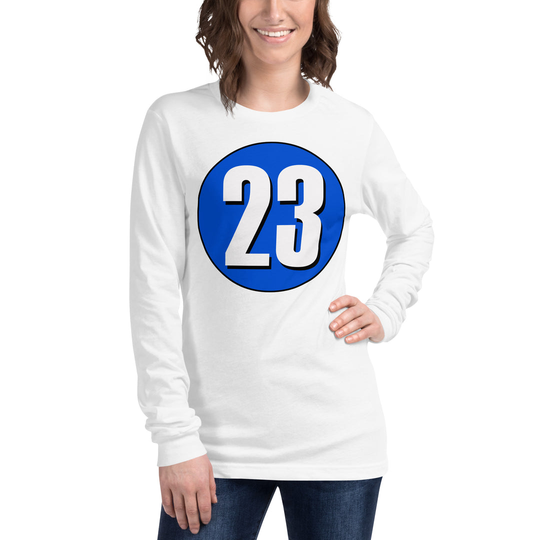 Unisex Long Sleeve Tee: White on Periwinkle 23