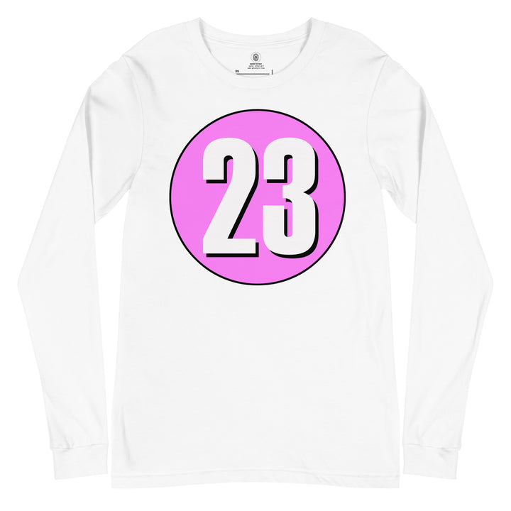 Unisex Long Sleeve Tee: White on Pink 23