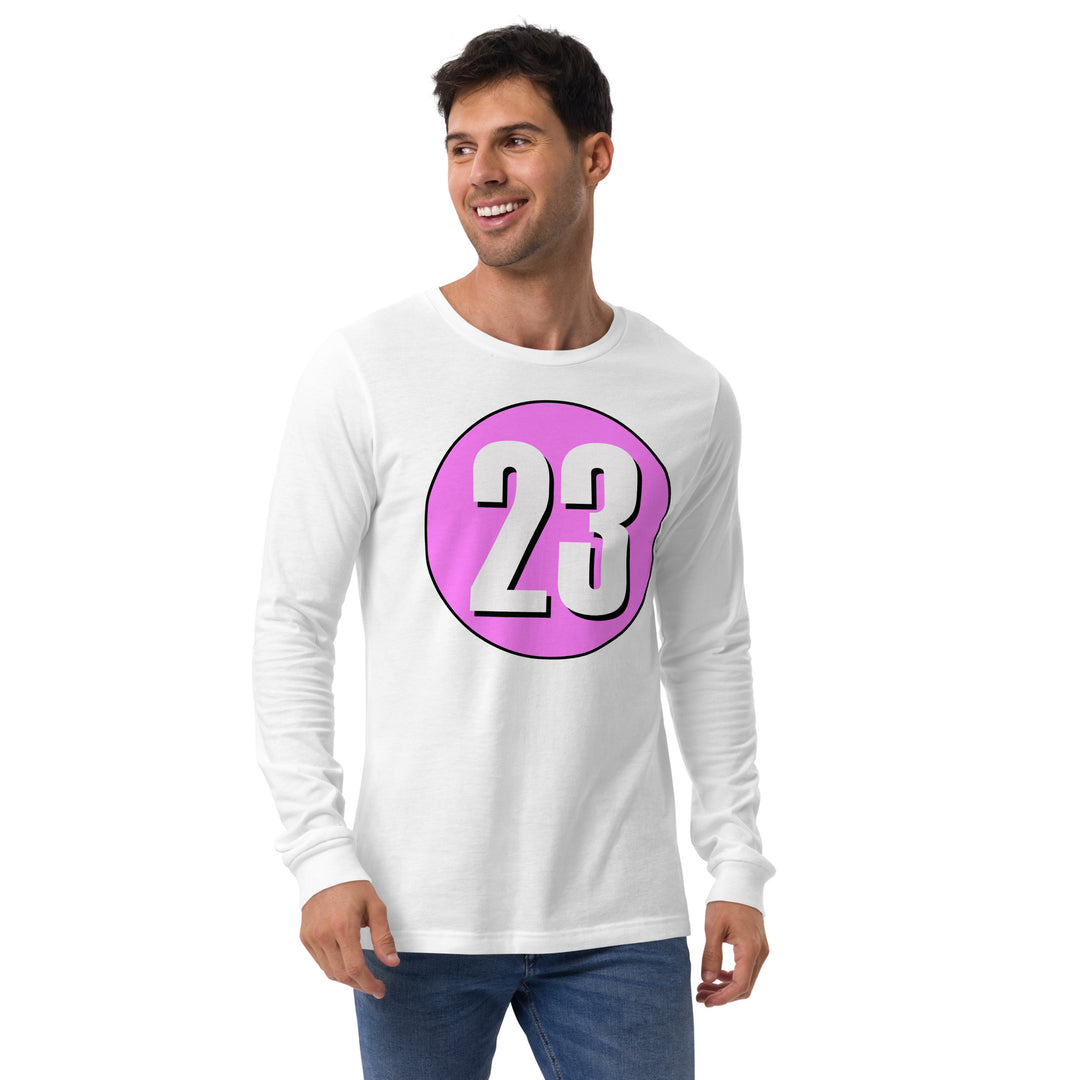 Unisex Long Sleeve Tee: White on Pink 23