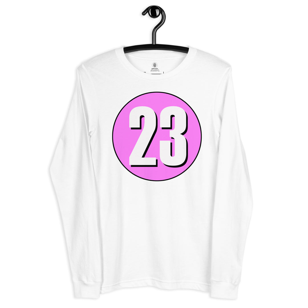 Unisex Long Sleeve Tee: White on Pink 23