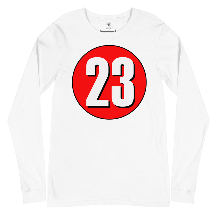 Unisex Long Sleeve Tee: White on Red 23